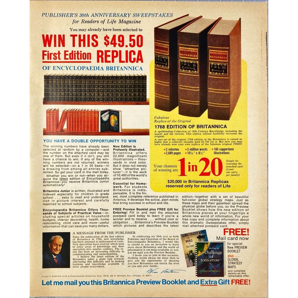 Britannica 30th Anniversary Sweepstakes "Win First Edition" Vtg Print Ad 1963